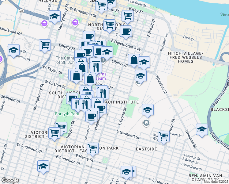 map of restaurants, bars, coffee shops, grocery stores, and more near in Savannah