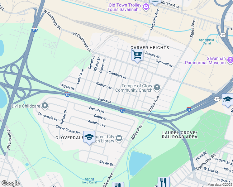 map of restaurants, bars, coffee shops, grocery stores, and more near 1005 Cubbedge Street in Savannah
