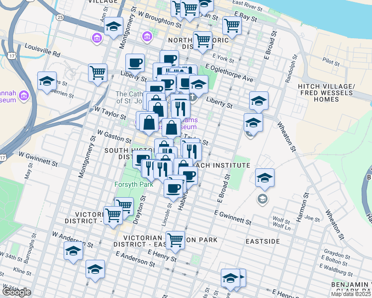 map of restaurants, bars, coffee shops, grocery stores, and more near 436 Lincoln Street in Savannah