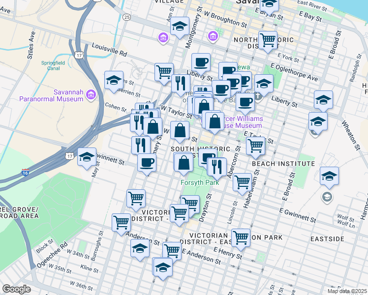 map of restaurants, bars, coffee shops, grocery stores, and more near 124 West Huntingdon Street in Savannah