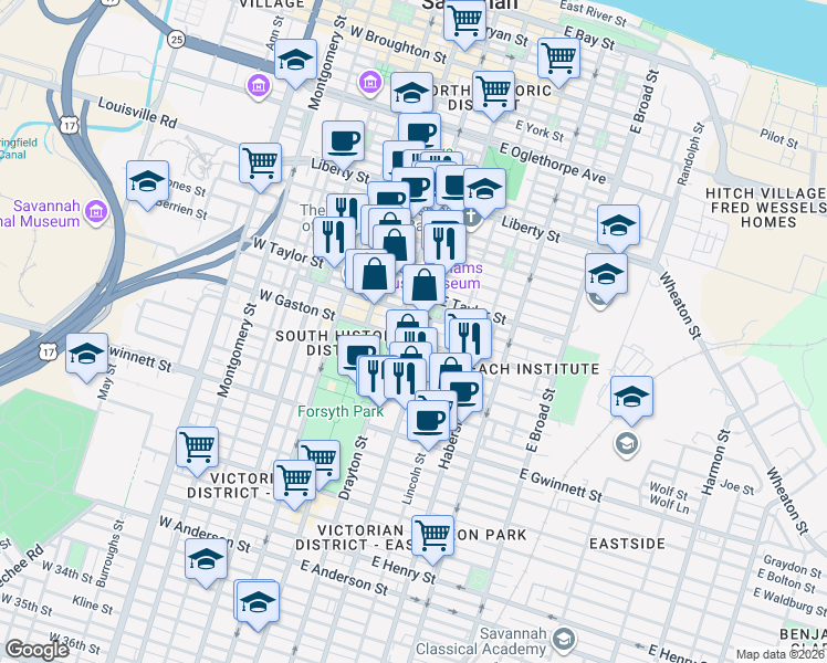 map of restaurants, bars, coffee shops, grocery stores, and more near 126 East Gaston Street in Savannah