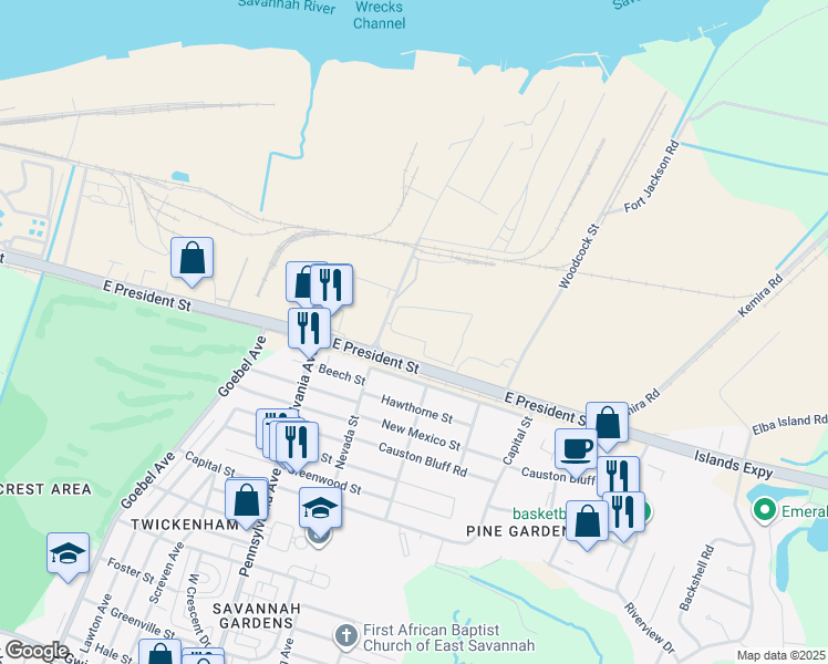 map of restaurants, bars, coffee shops, grocery stores, and more near 2010 East President Street in Savannah