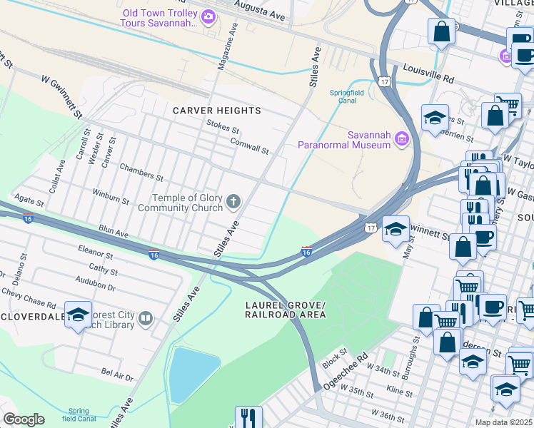 map of restaurants, bars, coffee shops, grocery stores, and more near 1115 Springfield Street in Savannah