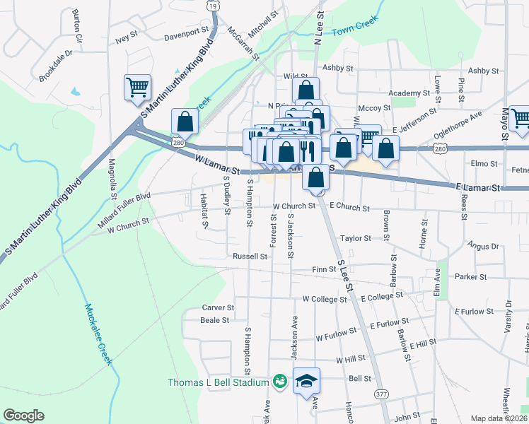 map of restaurants, bars, coffee shops, grocery stores, and more near 308 West Church Street in Americus