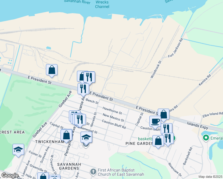 map of restaurants, bars, coffee shops, grocery stores, and more near 2010 East President Street in Savannah