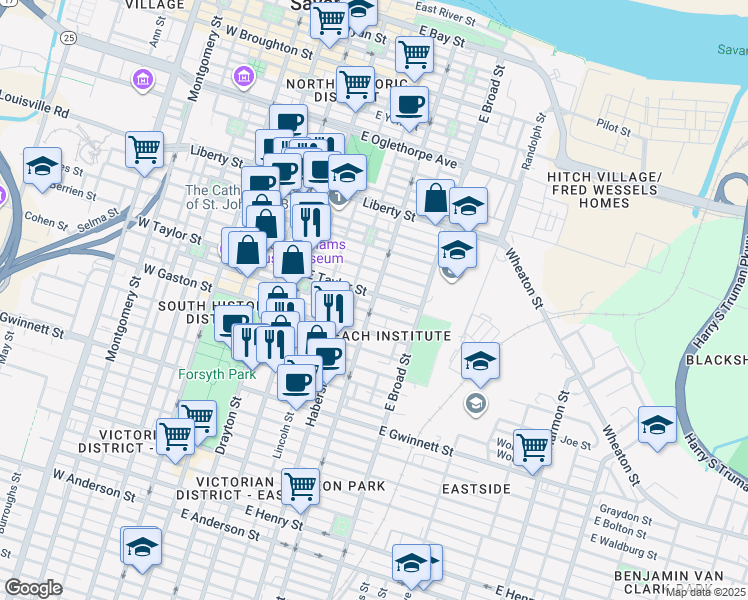 map of restaurants, bars, coffee shops, grocery stores, and more near in Savannah