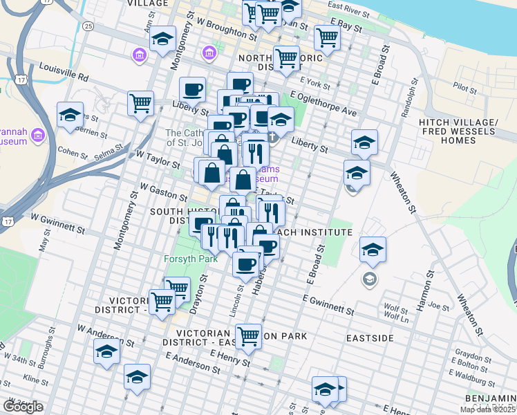 map of restaurants, bars, coffee shops, grocery stores, and more near 436 Lincoln Street in Savannah