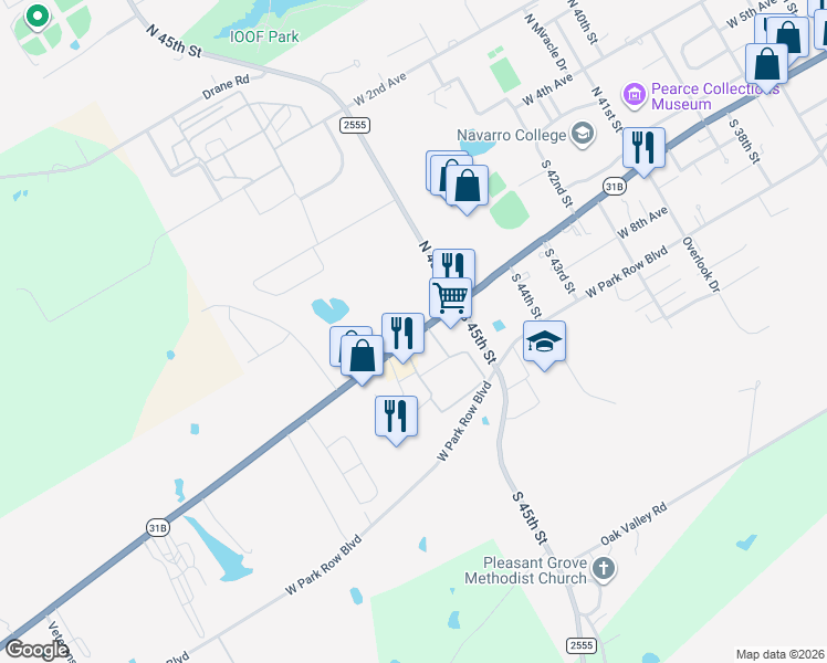 map of restaurants, bars, coffee shops, grocery stores, and more near 3600-3738 W 7th Ave in Corsicana