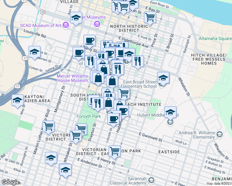 map of restaurants, bars, coffee shops, grocery stores, and more near 207 East Gordon Street in Savannah