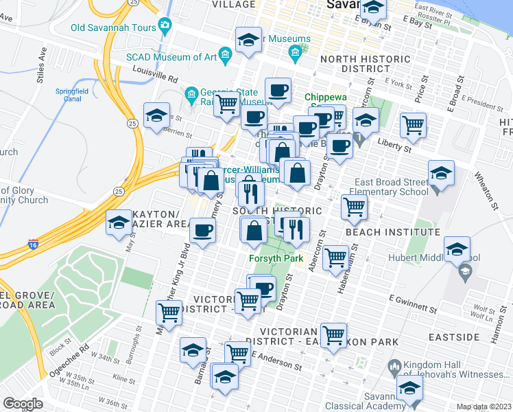 map of restaurants, bars, coffee shops, grocery stores, and more near 512 Barnard Street in Savannah