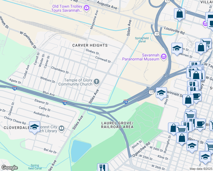 map of restaurants, bars, coffee shops, grocery stores, and more near 1115 Springfield Street in Savannah
