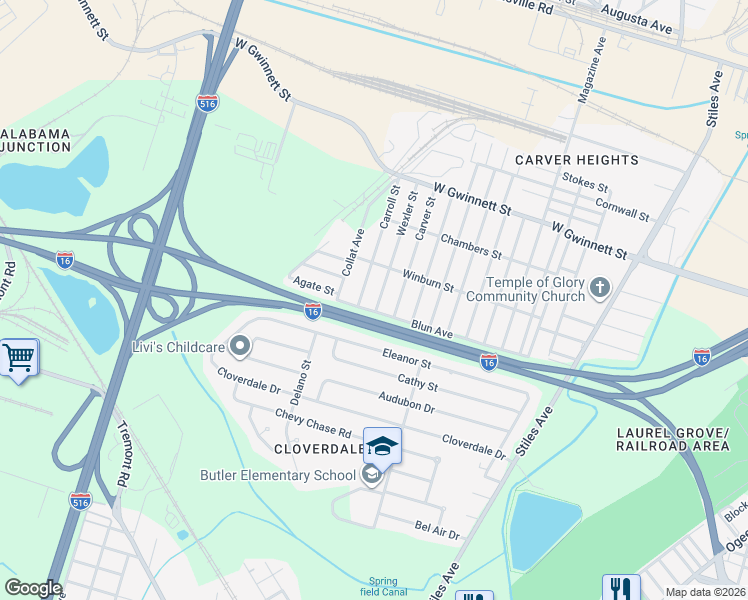 map of restaurants, bars, coffee shops, grocery stores, and more near 1022 Carroll Street in Savannah