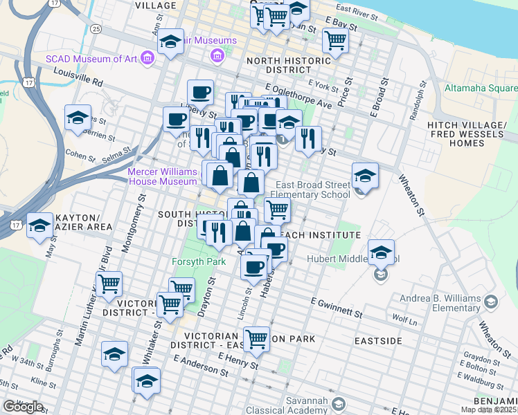map of restaurants, bars, coffee shops, grocery stores, and more near 207 East Gordon Street in Savannah