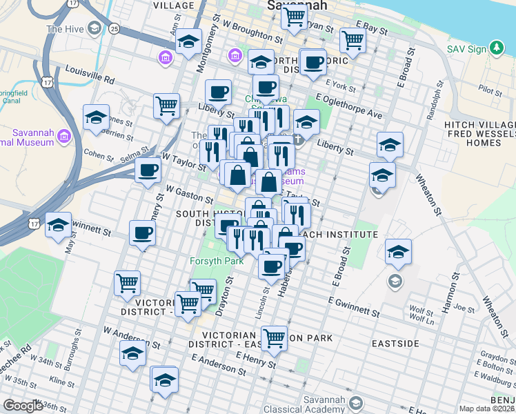 map of restaurants, bars, coffee shops, grocery stores, and more near 126 East Gaston Street in Savannah