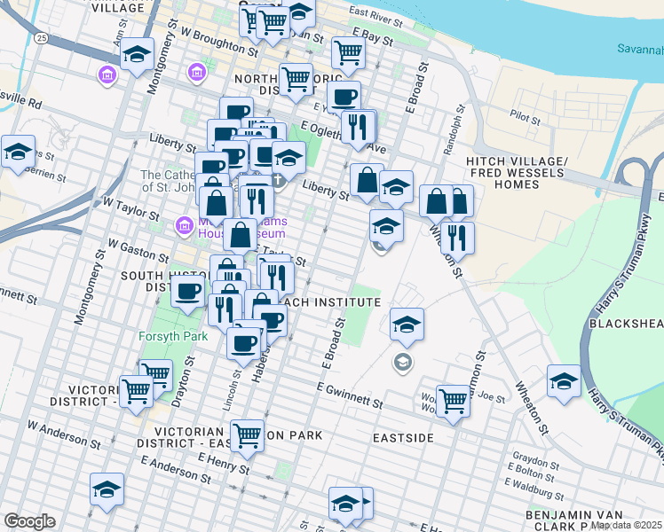 map of restaurants, bars, coffee shops, grocery stores, and more near 543 East Taylor Street in Savannah