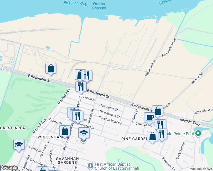 map of restaurants, bars, coffee shops, grocery stores, and more near 2010 East President Street in Savannah