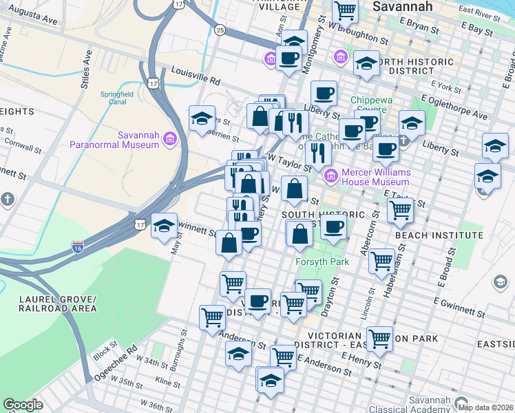 map of restaurants, bars, coffee shops, grocery stores, and more near 615 Montgomery Street in Savannah