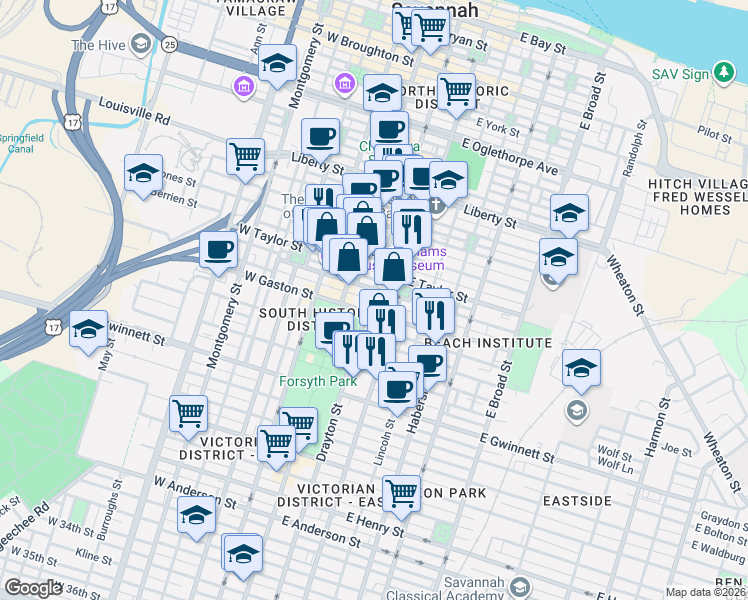 map of restaurants, bars, coffee shops, grocery stores, and more near 26 East Gaston Street in Savannah