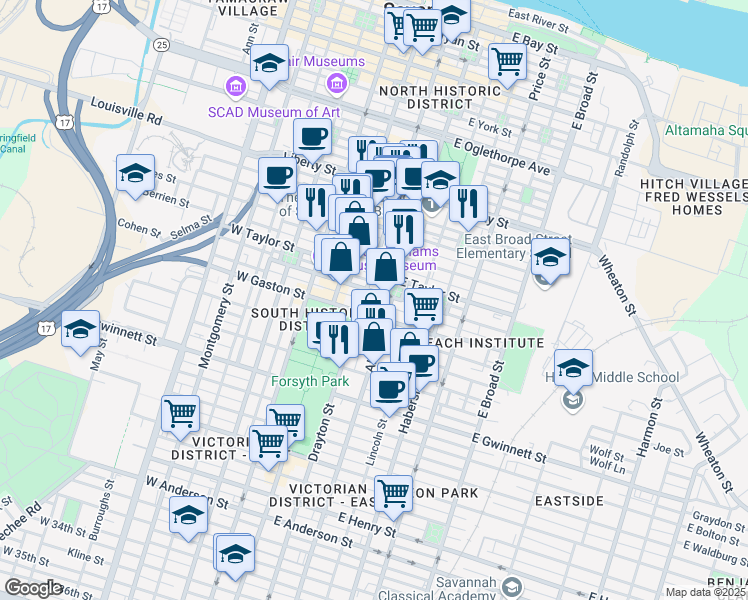map of restaurants, bars, coffee shops, grocery stores, and more near 126 East Gaston Street in Savannah