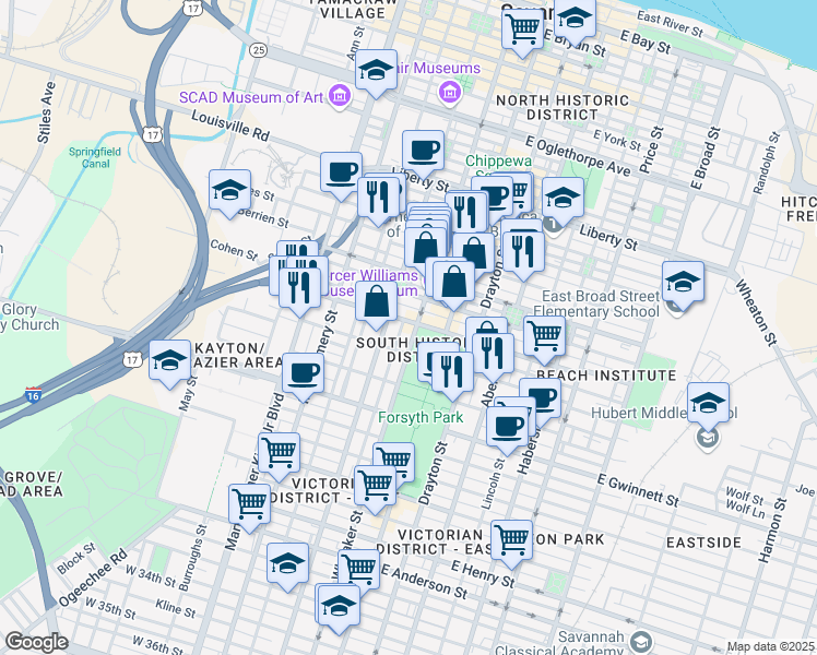 map of restaurants, bars, coffee shops, grocery stores, and more near 501 Whitaker Street in Savannah