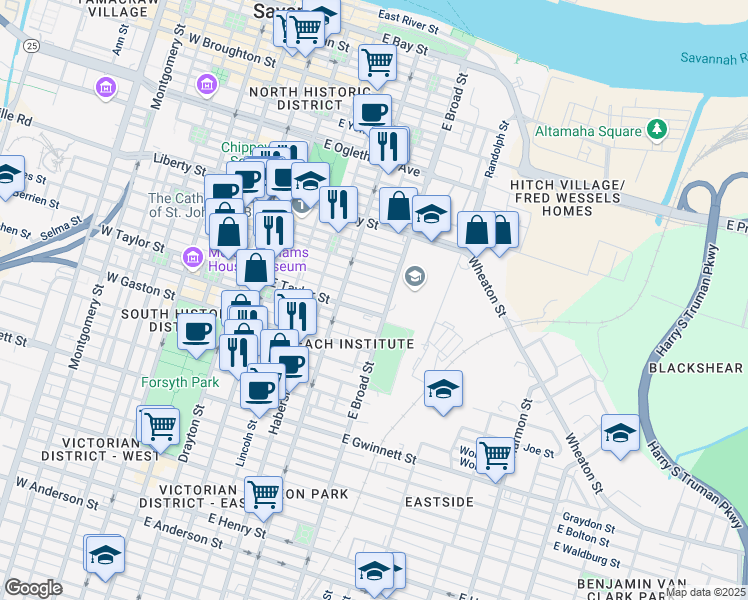 map of restaurants, bars, coffee shops, grocery stores, and more near 543 East Taylor Street in Savannah