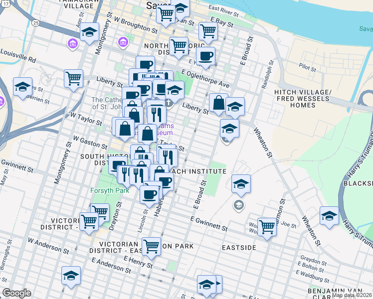 map of restaurants, bars, coffee shops, grocery stores, and more near in Savannah