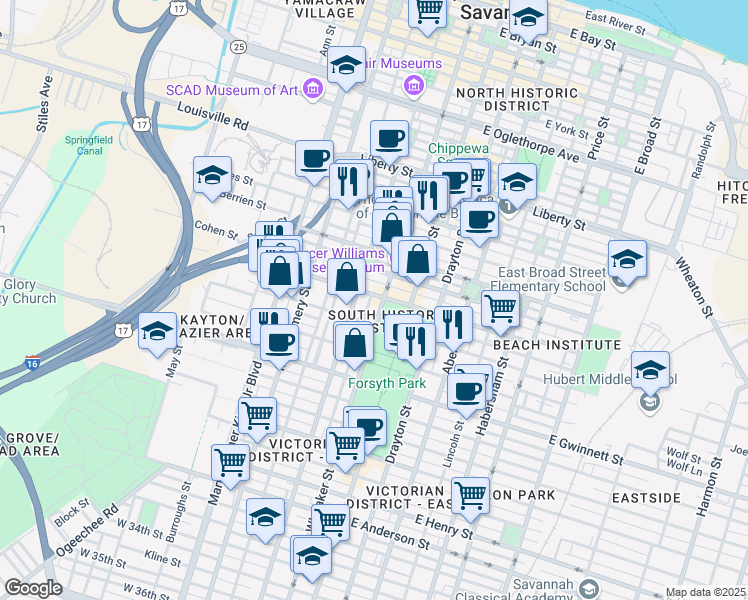 map of restaurants, bars, coffee shops, grocery stores, and more near 501 Whitaker Street in Savannah