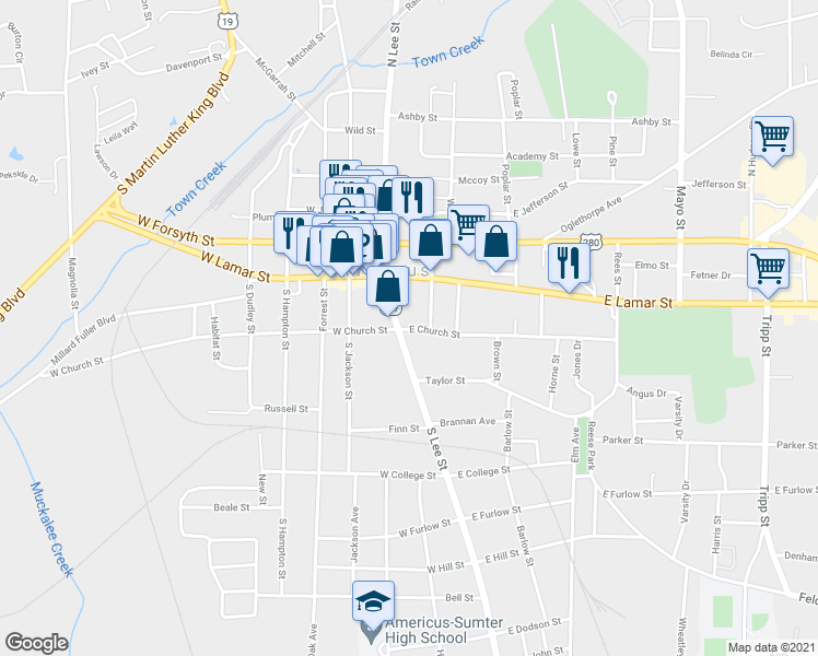 map of restaurants, bars, coffee shops, grocery stores, and more near 114 East Church Street in Americus