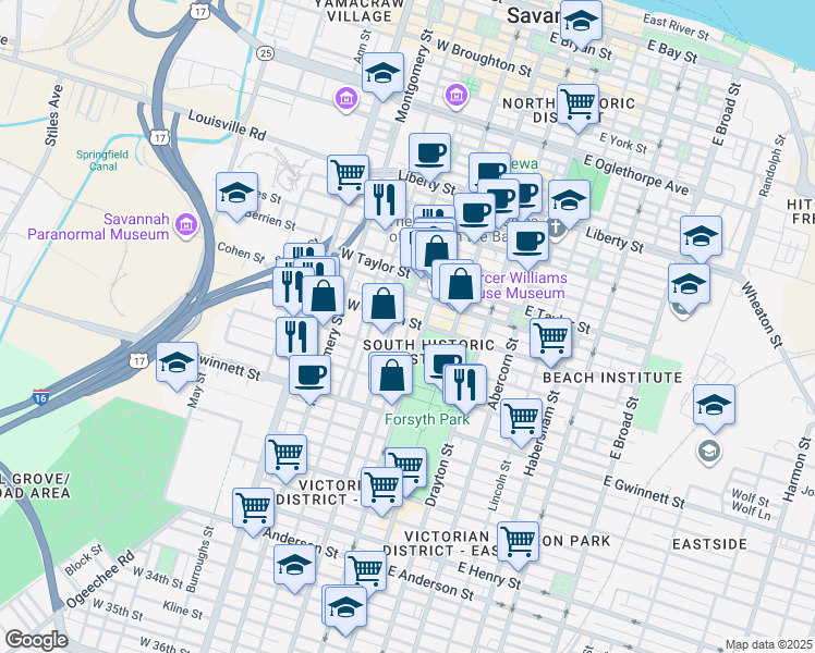 map of restaurants, bars, coffee shops, grocery stores, and more near 124 West Huntingdon Street in Savannah