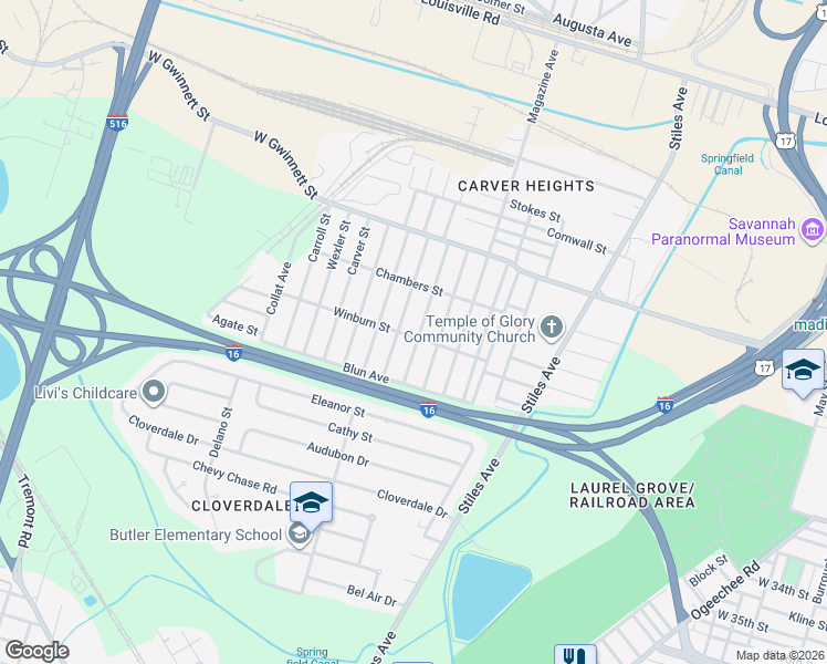 map of restaurants, bars, coffee shops, grocery stores, and more near 1005 Cubbedge Street in Savannah