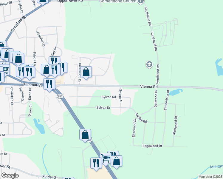 map of restaurants, bars, coffee shops, grocery stores, and more near 180 Vienna Road in Americus