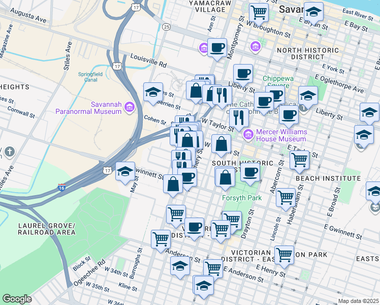 map of restaurants, bars, coffee shops, grocery stores, and more near in Savannah