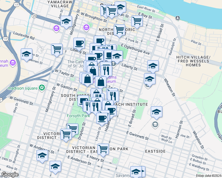 map of restaurants, bars, coffee shops, grocery stores, and more near 436 Lincoln Street in Savannah