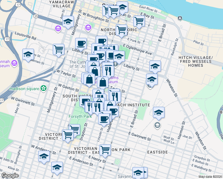 map of restaurants, bars, coffee shops, grocery stores, and more near 436 Lincoln Street in Savannah