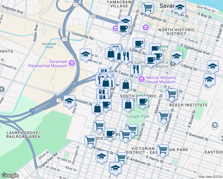 map of restaurants, bars, coffee shops, grocery stores, and more near in Savannah