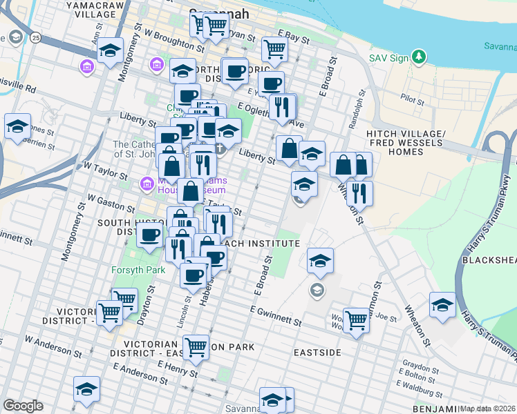 map of restaurants, bars, coffee shops, grocery stores, and more near 543 East Taylor Street in Savannah