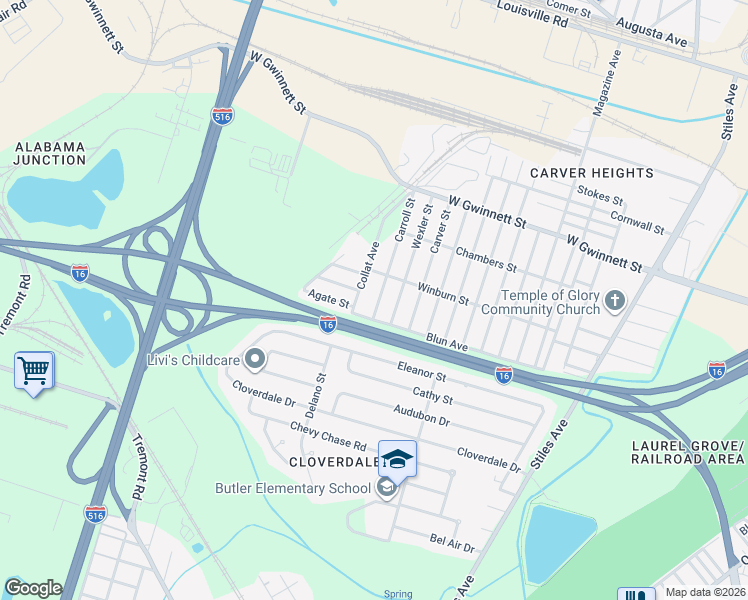 map of restaurants, bars, coffee shops, grocery stores, and more near 1022 Carroll Street in Savannah