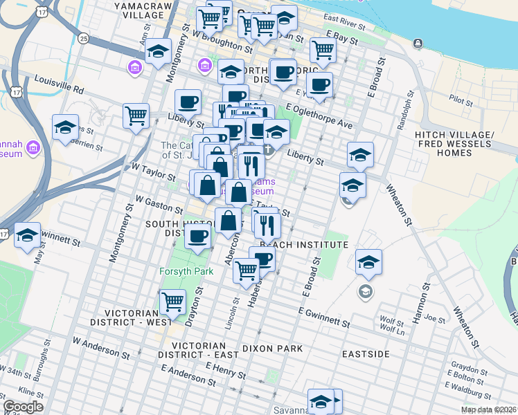 map of restaurants, bars, coffee shops, grocery stores, and more near 217 East Jones Street in Savannah