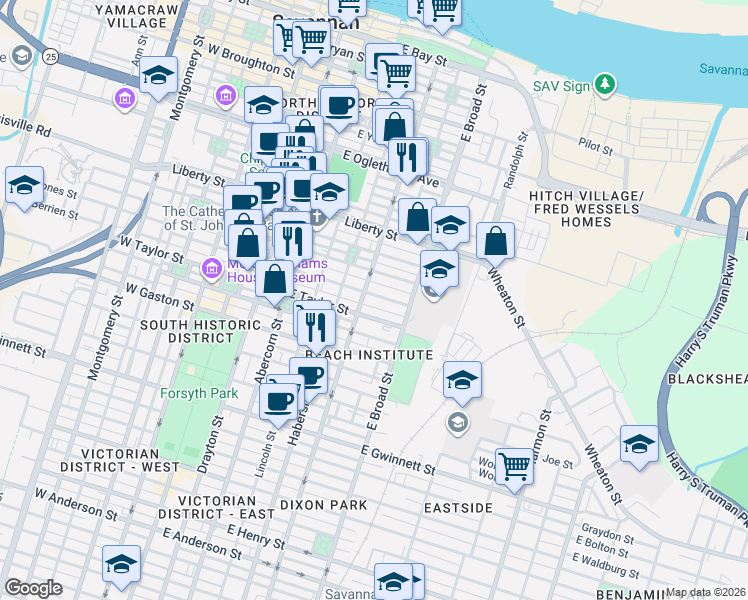 map of restaurants, bars, coffee shops, grocery stores, and more near 507 East Charlton Street in Savannah