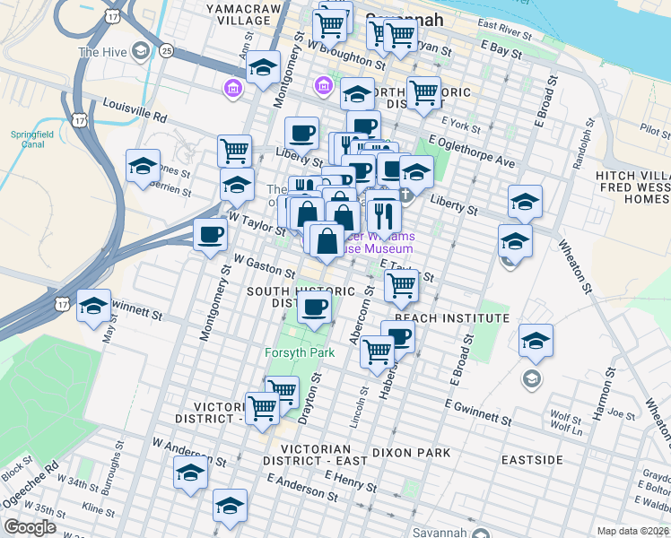 map of restaurants, bars, coffee shops, grocery stores, and more near 2 East Taylor Street in Savannah