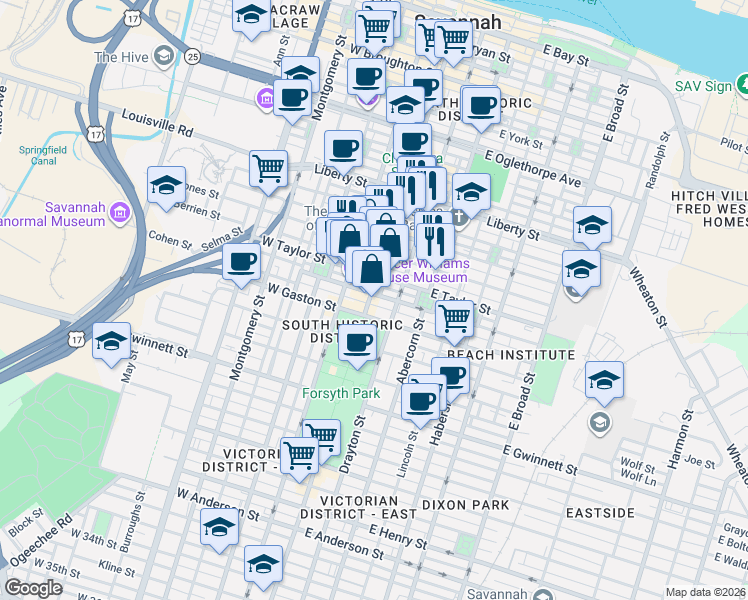 map of restaurants, bars, coffee shops, grocery stores, and more near 2 East Taylor Street in Savannah