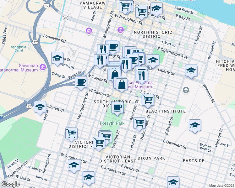 map of restaurants, bars, coffee shops, grocery stores, and more near in Savannah