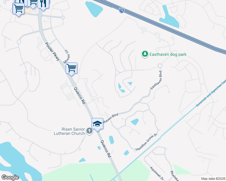 map of restaurants, bars, coffee shops, grocery stores, and more near 18 Belle Gate Court in Pooler