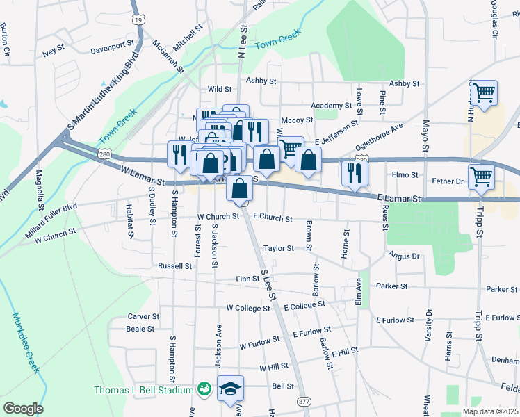 map of restaurants, bars, coffee shops, grocery stores, and more near Prince Street in Americus