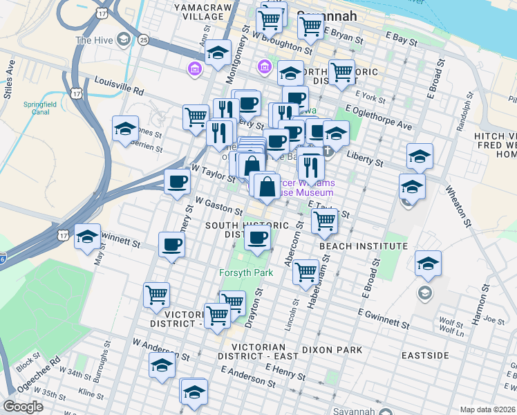 map of restaurants, bars, coffee shops, grocery stores, and more near in Savannah