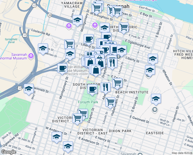 map of restaurants, bars, coffee shops, grocery stores, and more near 1 East Gordon Street in Savannah