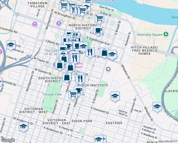map of restaurants, bars, coffee shops, grocery stores, and more near 320 East Jones Street in Savannah