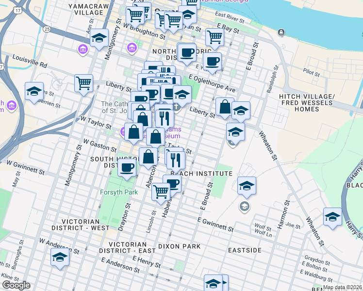 map of restaurants, bars, coffee shops, grocery stores, and more near 320 East Jones Street in Savannah