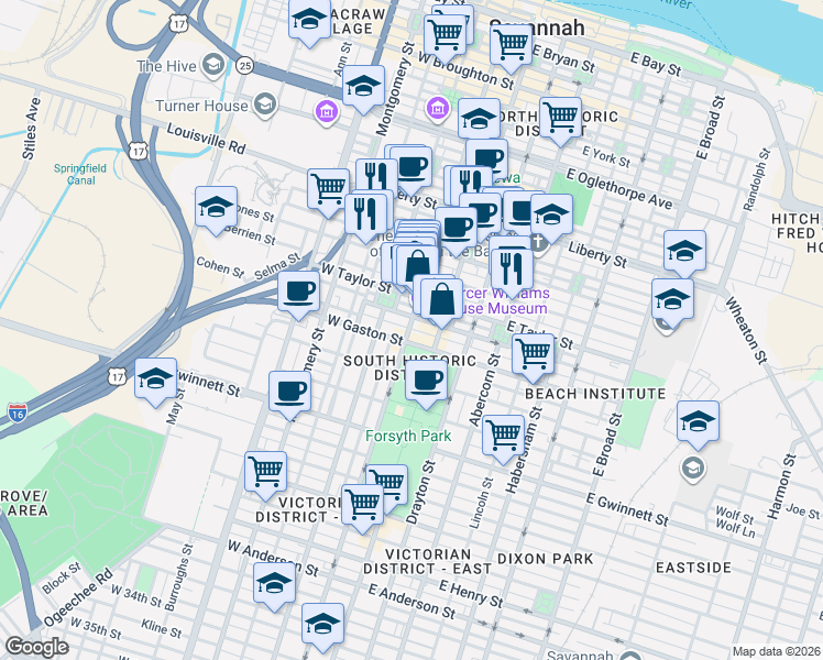 map of restaurants, bars, coffee shops, grocery stores, and more near in Savannah