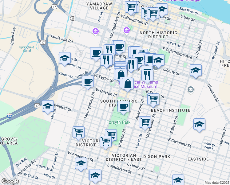 map of restaurants, bars, coffee shops, grocery stores, and more near in Savannah